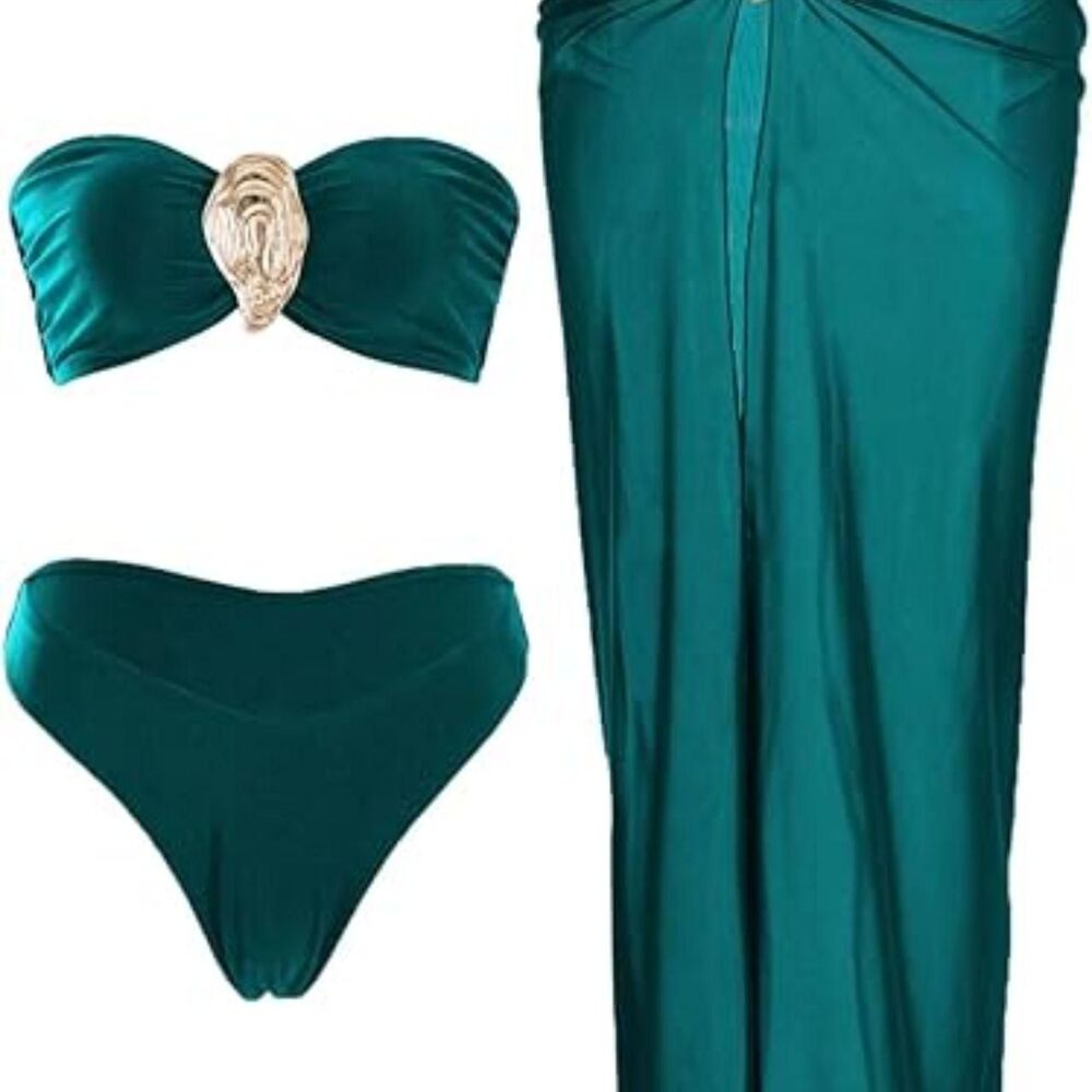 Women's Strapless Bandeau Swimsuits High Waisted Bikini Sets with Beach Sarong S